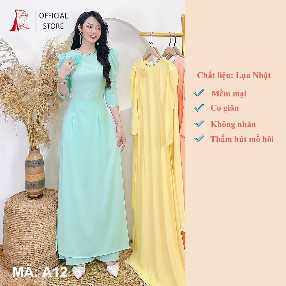 Áo dài lụa Nhật trơn tay bồng đính hoa voan màu xanh A12 mềm mại, co giãn, áo dài giá rẻ