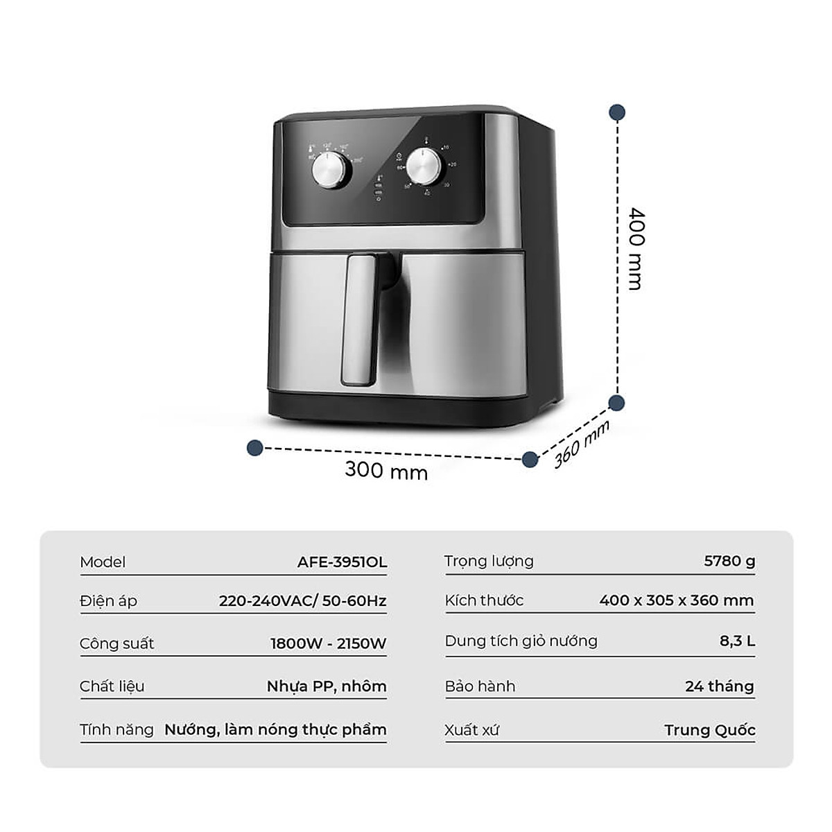 Nồi chiên không dầu Elmich 8.3L AFE-3951OL, công suất lớn 1800W – 2150W, làm chín thức ăn nhanh, chất liệu chống dính cao cấp, an toàn cho sức khỏe - Hàng chính hãng