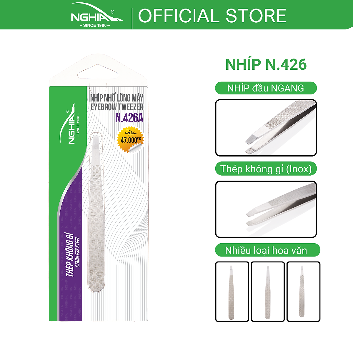 Nhíp Inox Nhổ Lông Mày Đầu Xéo Cao Cấp KỀM NGHĨA N.426 - Hoa Văn