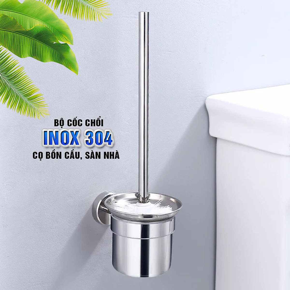 Bộ cốc chổi cọ bồn cầu, toilet nhà vệ sinh, sàn nhà treo tường, có giá