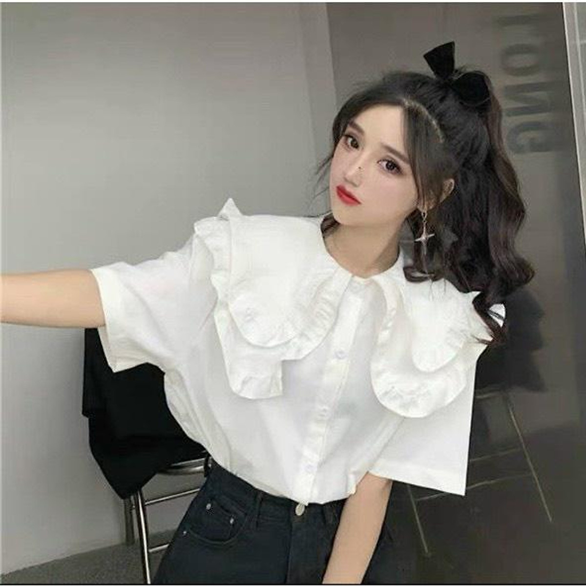 Mua Áo Sơ Mi Nữ- Áo Sơ Mi Cộc Tay Thiết Kế Cách Điệu Cổ Bèo Phong Cách Hàn  Quốc_058 | Tiki