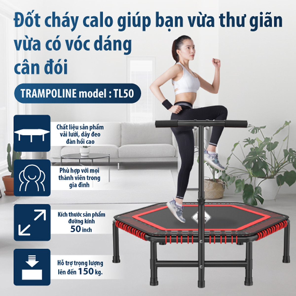 BG Sàn nhún, Đệm bật nhún cao cấp có tay cầm dành cho mọi lứa tuổi TRAMPOLINE 50INCH (hàng nhập khẩu)