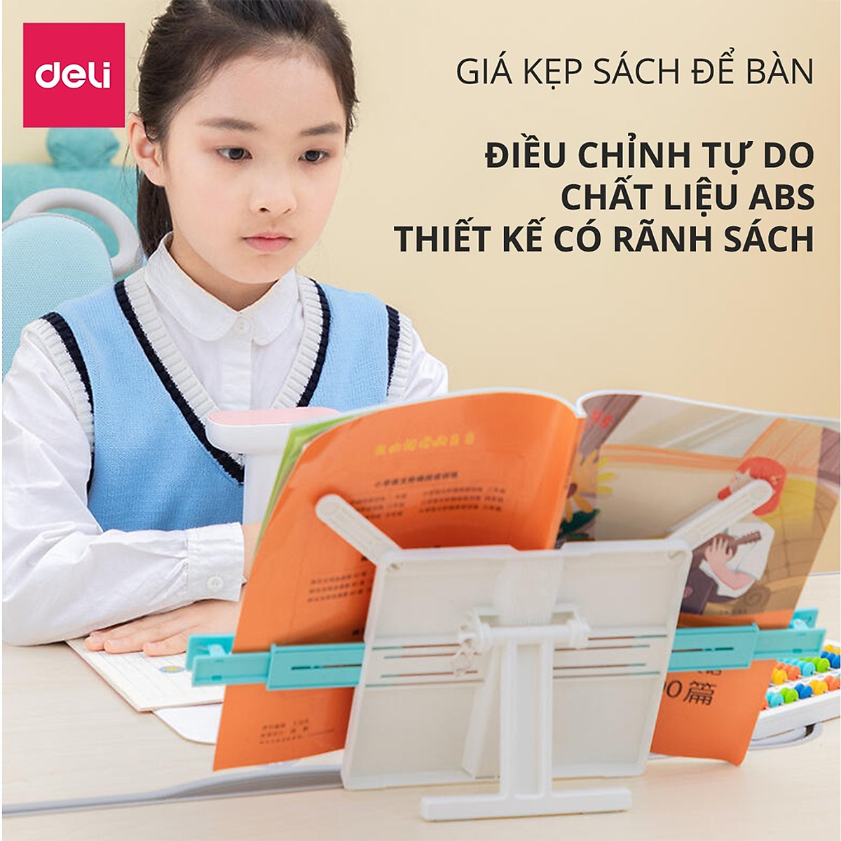 Giá đỡ sách, kẹp sách, đỡ điện thoại, ipad để bàn học Deli - Chống cận thị, chống gù lưng - Thiết kế thông minh tiện dụng dành cho bé - Màu xanh / màu hồng - 70531