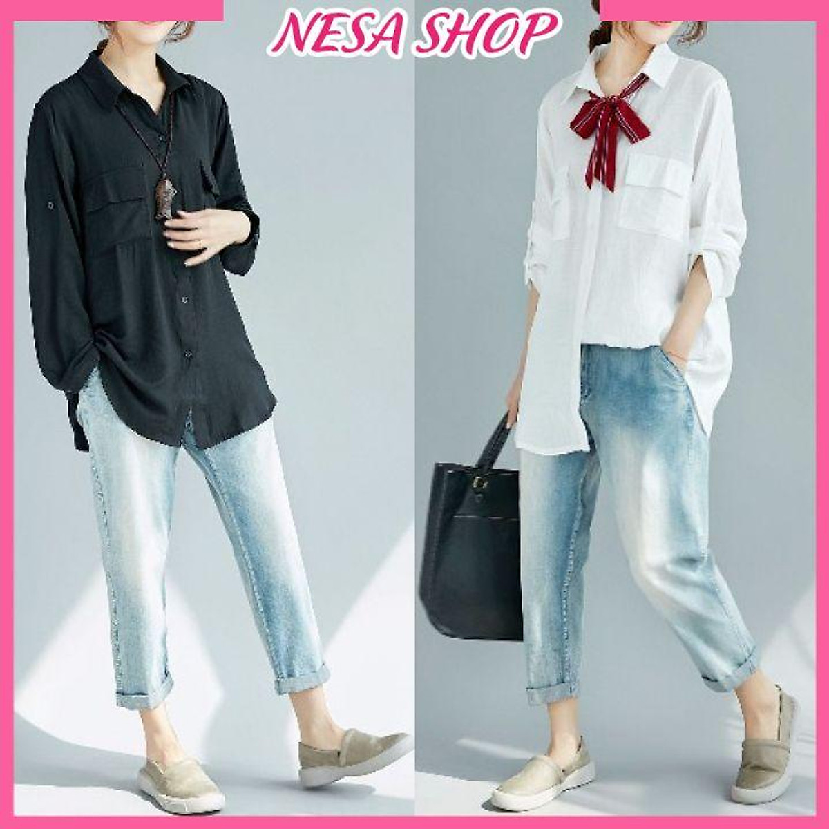 Áo sơ mi nữ dài tay, áo form rộng, chất liệu Đũi tơ mềm mịn, sơ mi nữ đẹp, NeSa Shop AKH.47