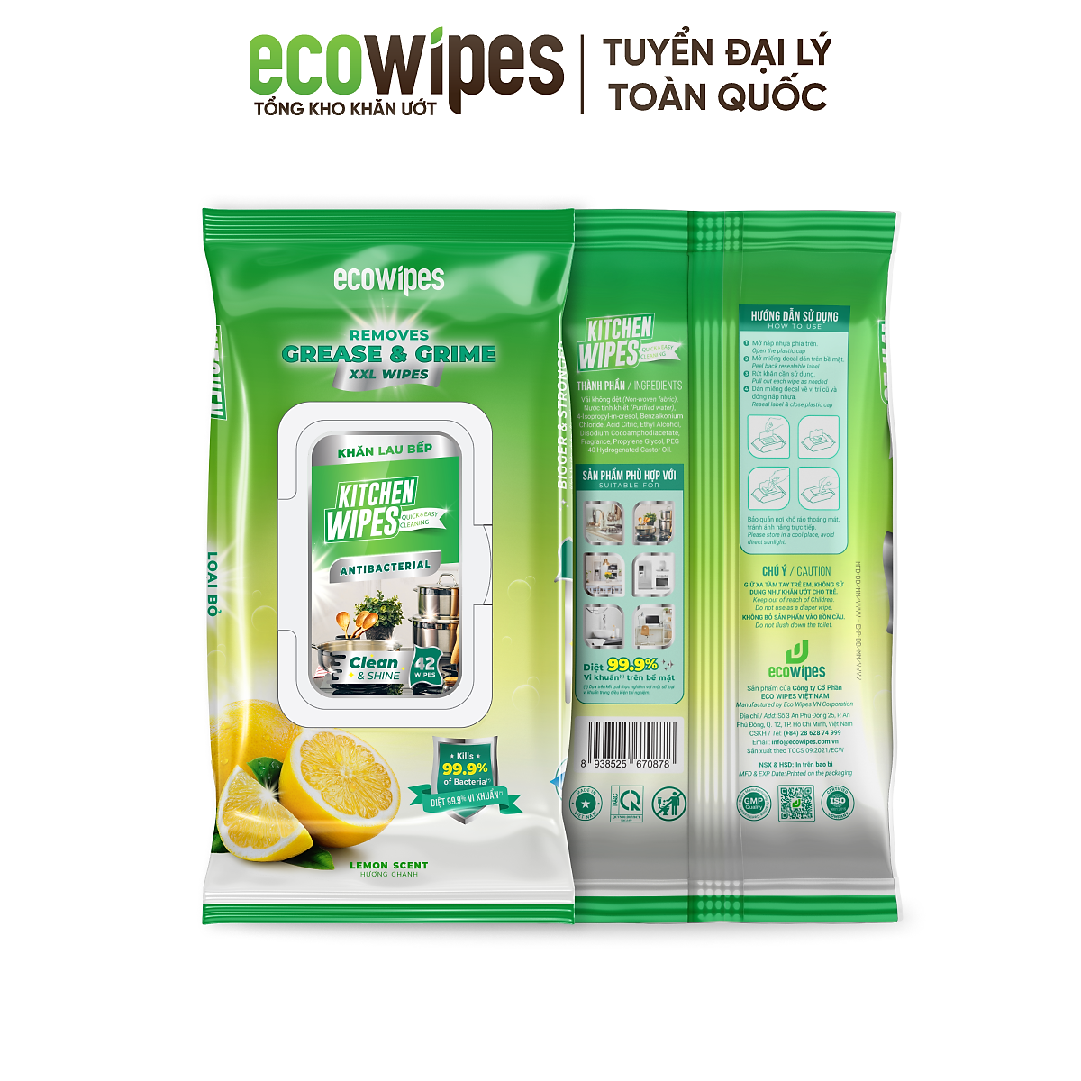 Khăn giấy ướt lau bếp Ecowipes khổ lớn 30x20 cm Kitchen Wipes gói 42 tờ loại bỏ dầu mỡ và vết bẩn nhanh chóng