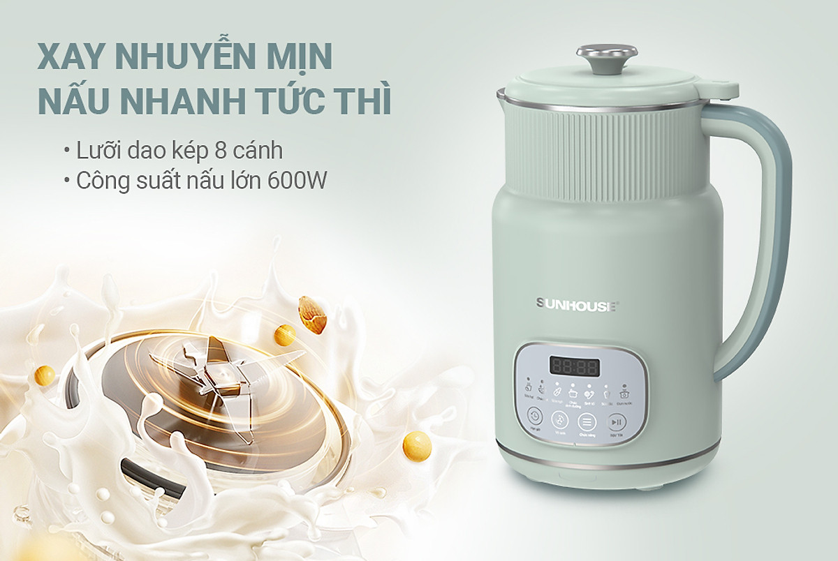 Máy Làm Sữa Hạt Đa Năng Sunhouse SHD5260 – 800ml Cối 2 lớp Lưỡi dao kép 8 cánh, Hẹn giờ nấu thông minh - Hàng chính hãng