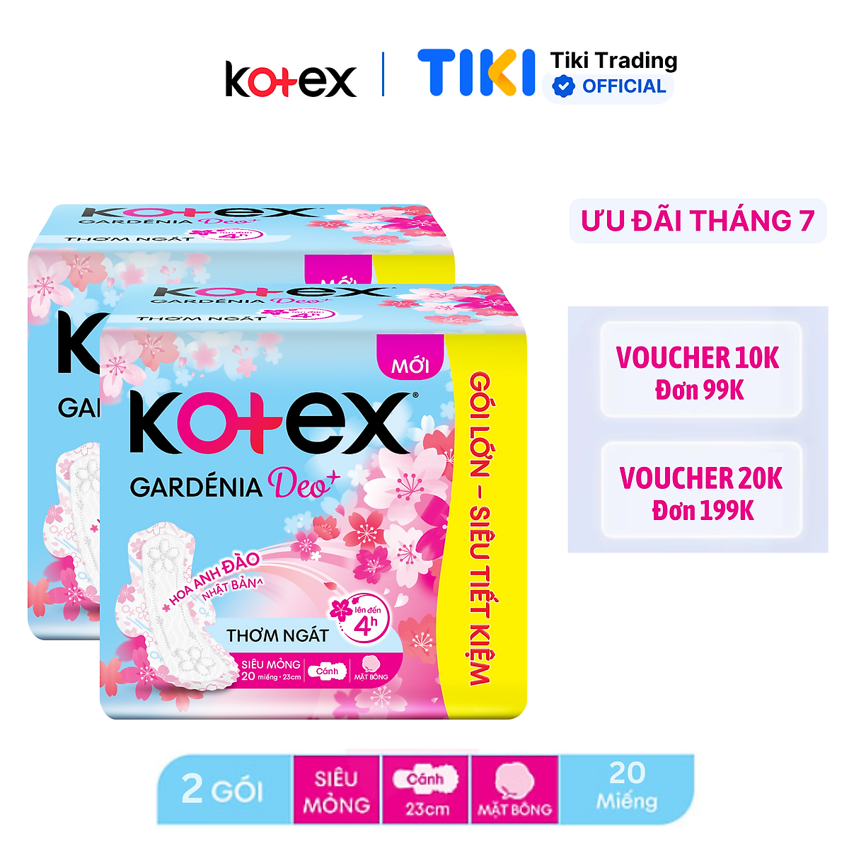 Combo 2 gói băng vệ sinh Gardenia Deo+ - Hoa Anh Đào siêu mỏng cánh 23cm (20 miếng/gói)