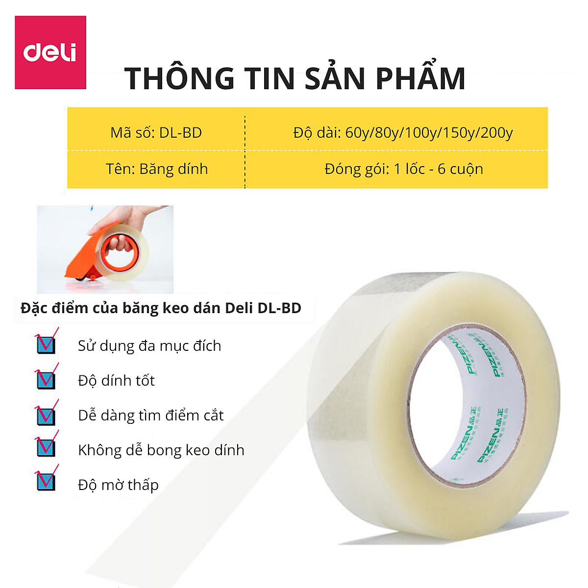 Băng Keo Trong , Băng Dính Dán Thùng Đóng Hàng Deli - 60/80/100/150/200 Yards - Dày Dai Chống Nước Khó Đứt