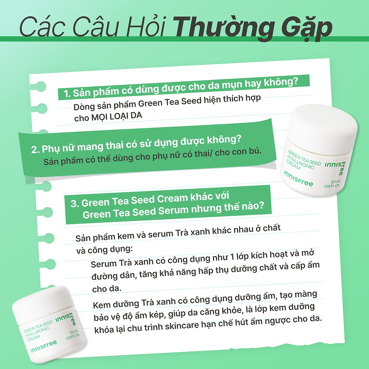 Kem dưỡng ẩm trà xanh innisfree Green Tea Seed Hyaluronic Cream 50ml