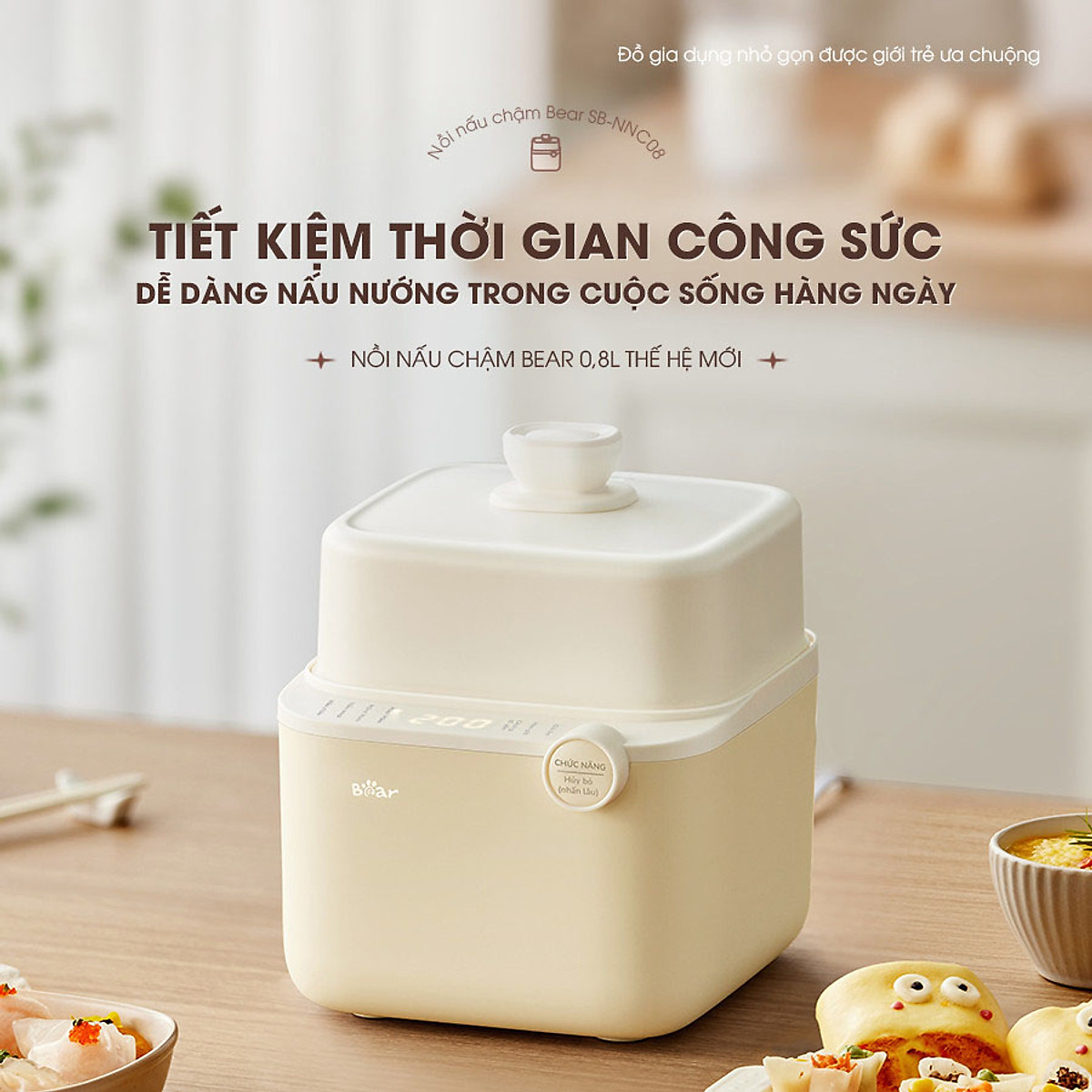 Nồi Nấu Cháo, Nấu Chậm Bear 0.8L thế hệ mới SB-NNC08, bản tiếng Việt - Hàng chính hãng