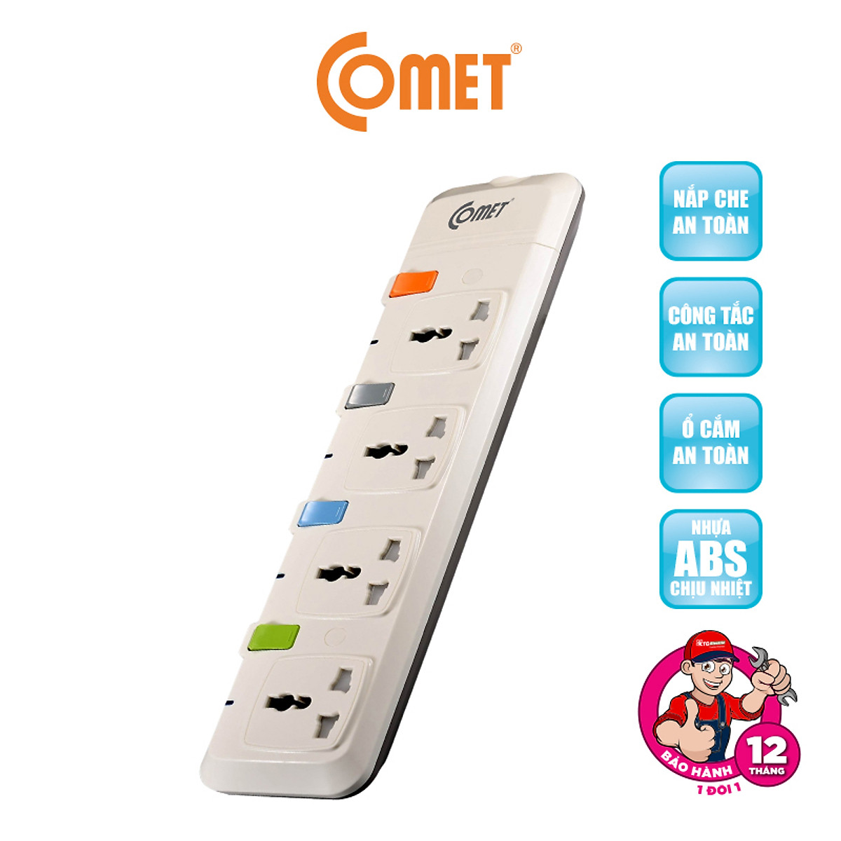 Ổ Cắm Điện Nối Dài Comet CESG2403 2500W Dây Dài 3m, 4 Lỗ 3 Chấu, 4 Công Tắc, Có Nắp Che Lỗ Cắm An Toàn