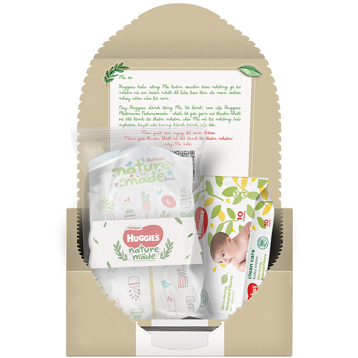 Combo sơ sinh Huggies Platinum Nature Made ( 04 miếng Tã dán Newborn & 01 Gói khăn ướt)