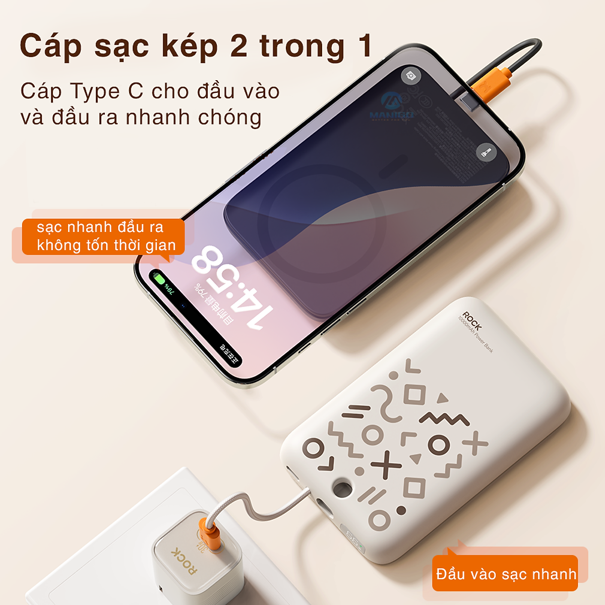 Pin sạc dự phòng sạc nhanh PD 20W ROCKSPACE P28 10.000 mAh Magnetic PD tích hợp cáp sạc nhanh - Hàng chính hãng bảo hành 12 tháng