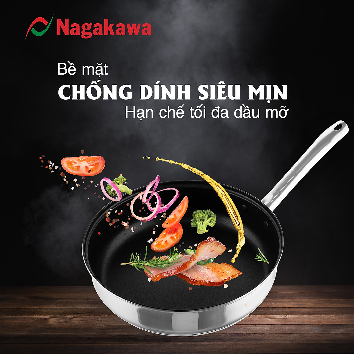 Chảo chống dính inox đa lớp Nagakawa Aki NAG04 - Dùng trên mọi loại bếp - Hàng chính hãng