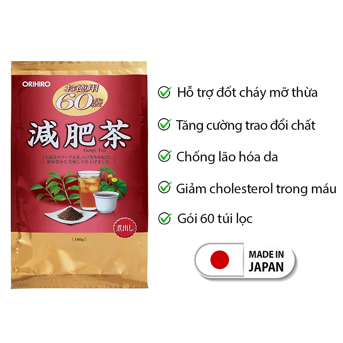 Trà giảm mỡ bụng Genpi Orihiro Nhật Bản hỗ trợ giảm mỡ bắp tay, đùi hiệu quả, chống oxy hoá gói 60 túi lọc JN-ORGEN01