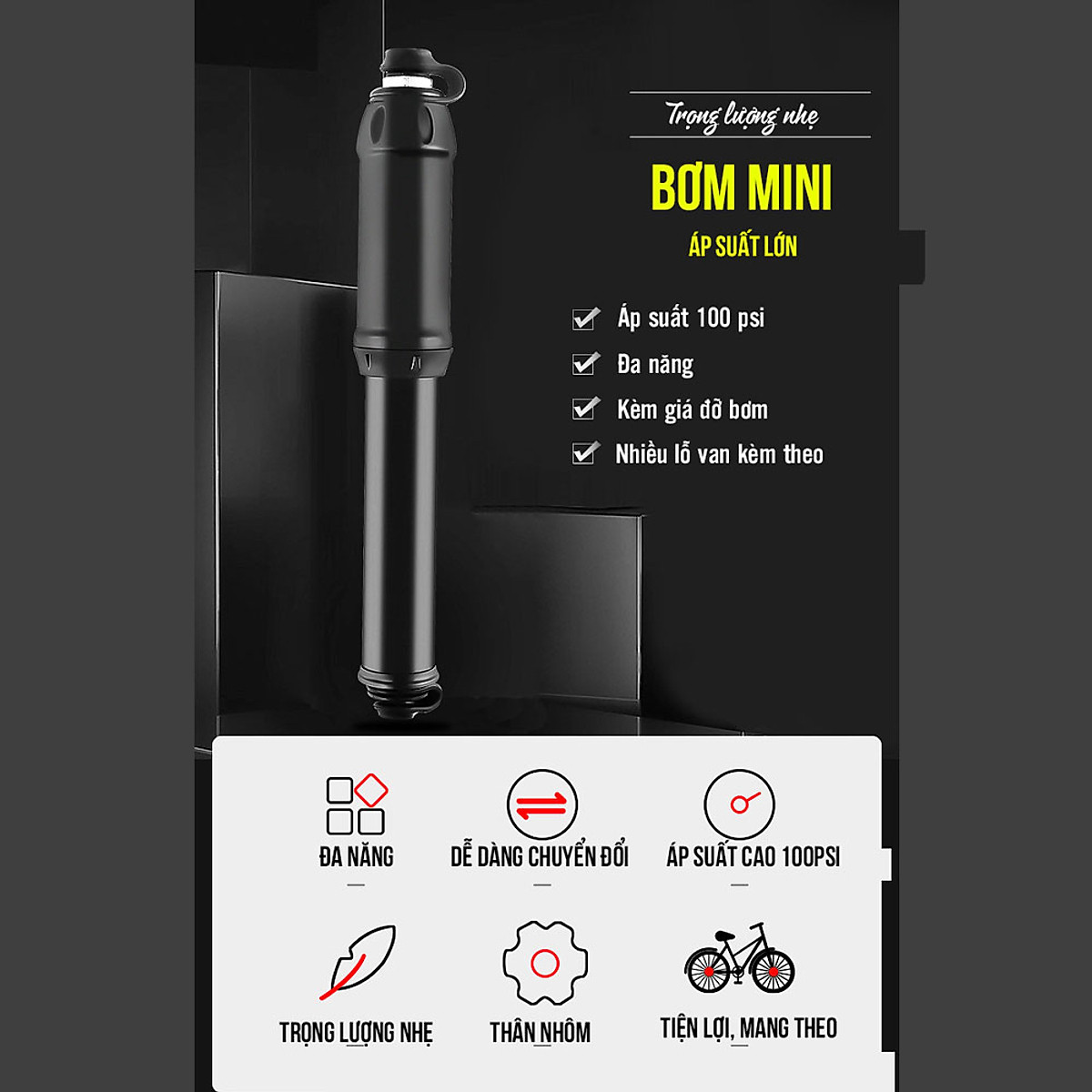 Bơm Xe Đạp Mini 100Psi Kèm Khung Gắn Sườn Xe Nhiều Đầu Bơm Tiện Lợi, Lõi Khung Nhôm Kim Loại Trọng Lượng Nhẹ MaiLee