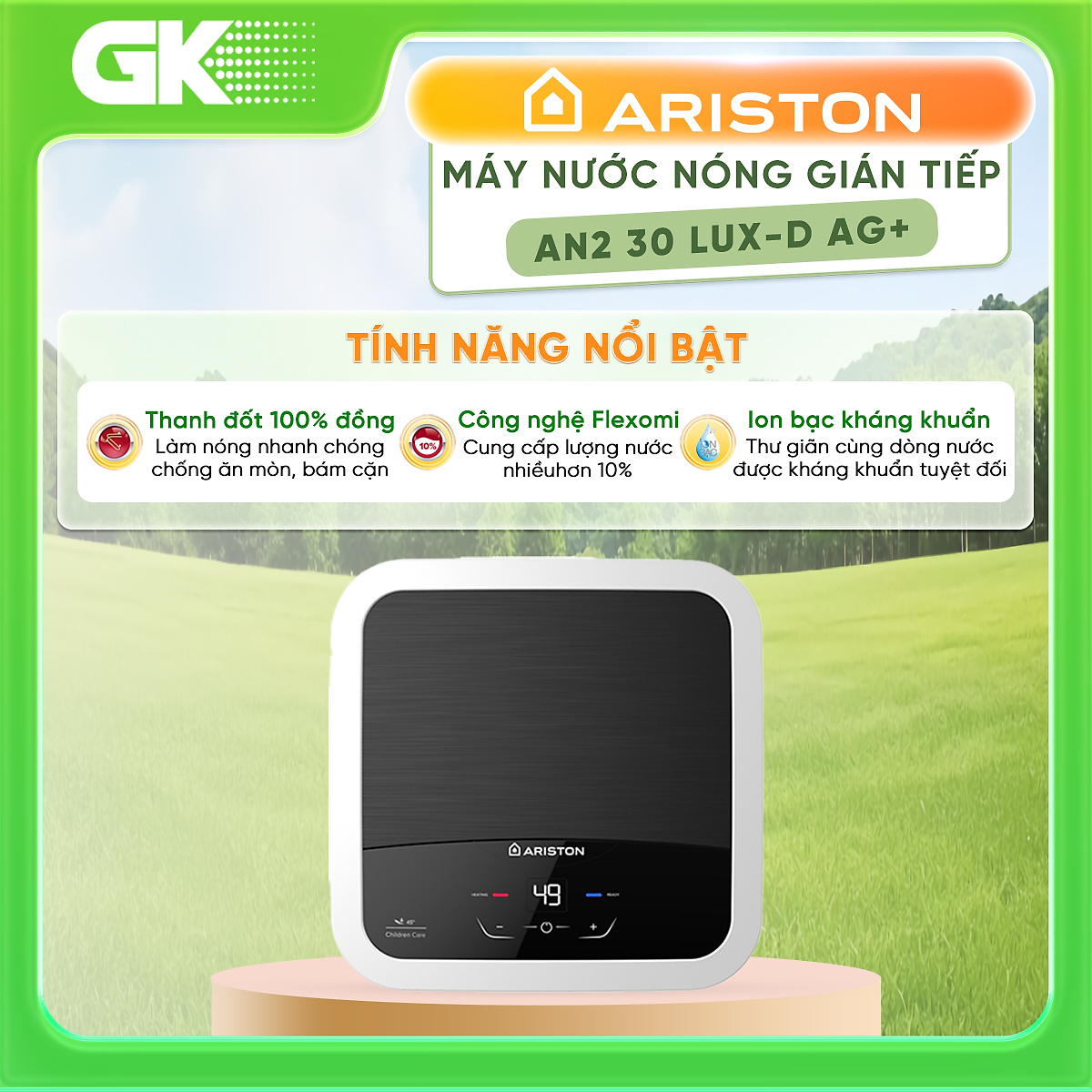 Máy nước nóng gián tiếp 30 lít Ariston AN2 30 LUX-D AG+ HÀNG CHÍNH HÃNG (CHỈ GIAO HCM)