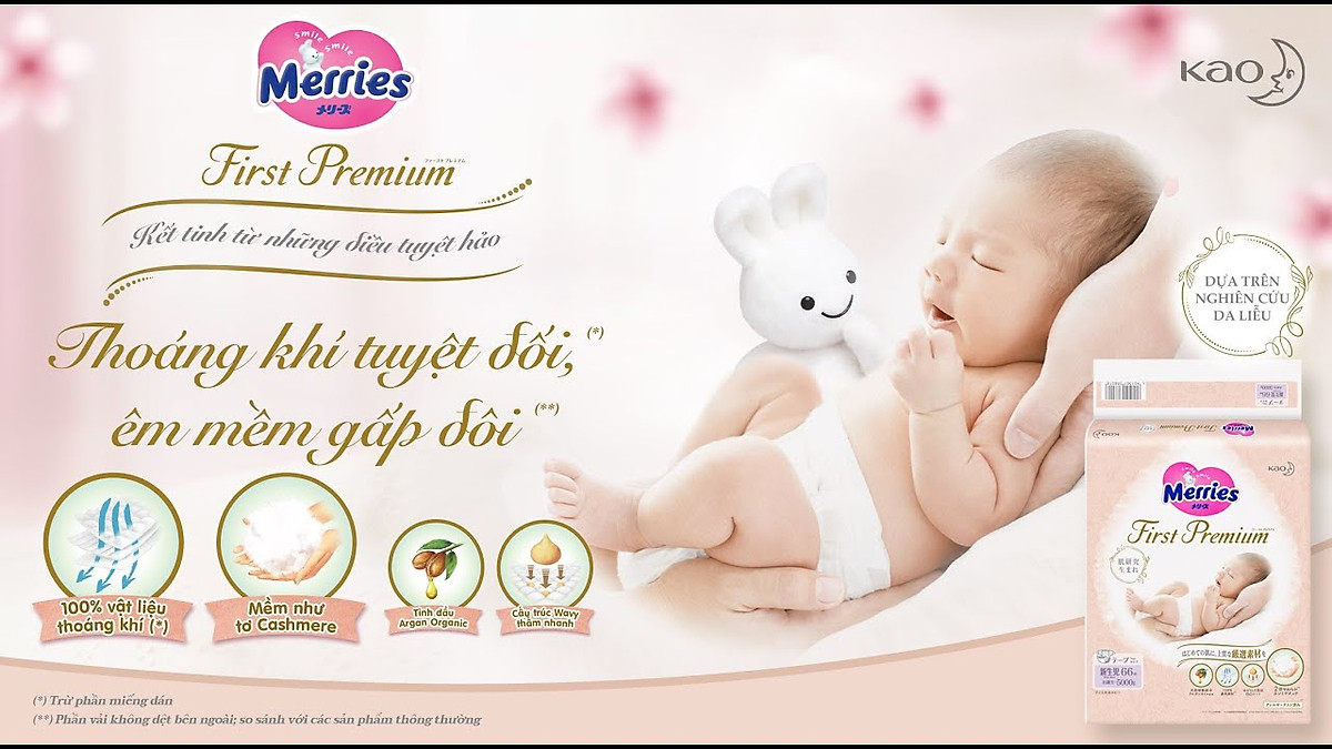 Bỉm Tã Merries First Premium Nội Địa Nhật Siêu Mỏng Siêu Thấm Hút Size NB/S/M/L/XL