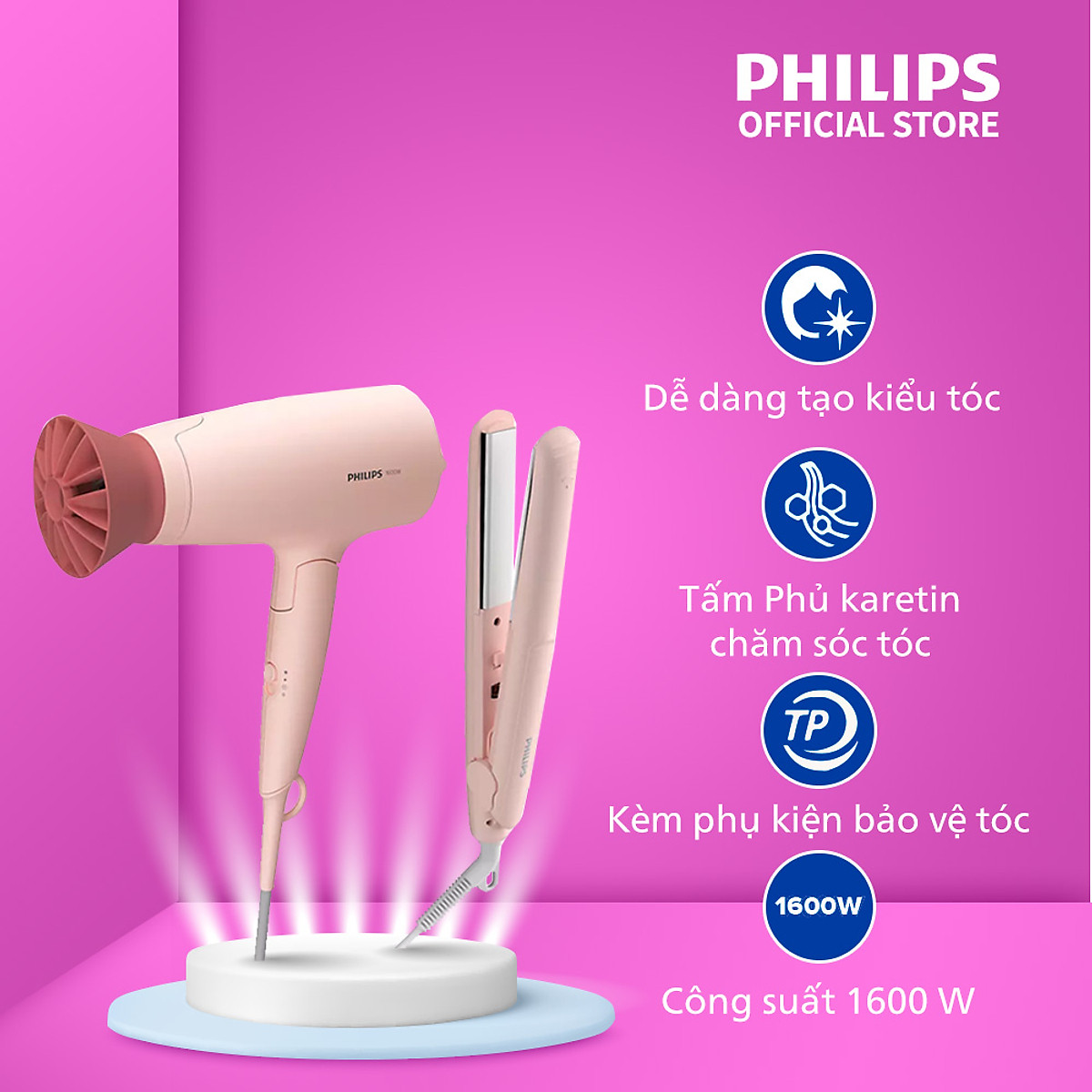 Bộ tạo kiểu tóc Philips BHP398/00 Gồm 1 Máy ép tóc + 1 Máy sấy tóc - tạo kiểu tóc dễ dàng - nhanh - chuyên nghiệp
