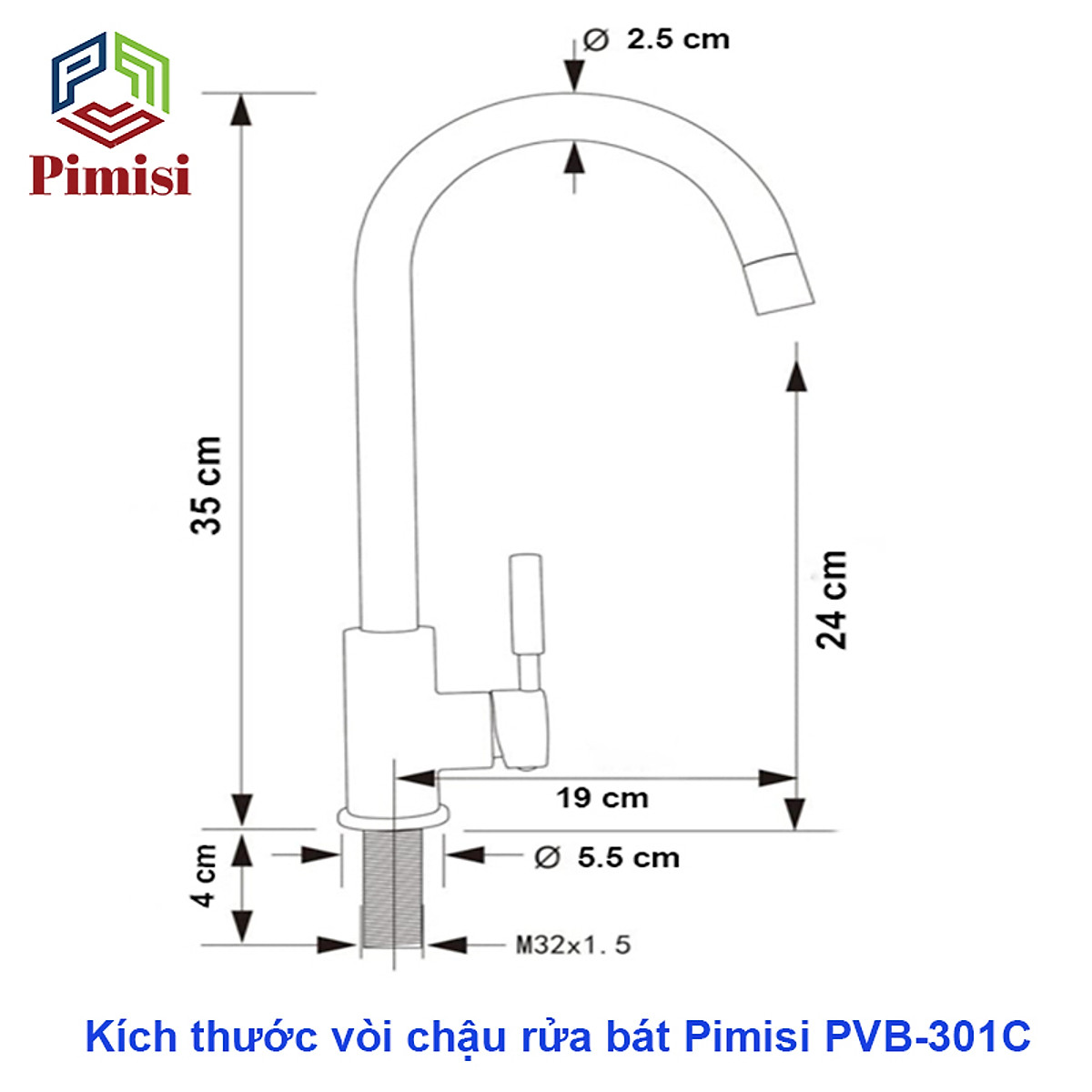 Vòi rửa bát nóng lạnh inox 304 Pimisi dùng cho chậu rửa chén bát trong nhà bếp gắn chậu - bàn đá, quay 360 độ dùng được cho chậu rửa chén 2 hố - đã kèm 2 sợi dây cấp nước | Hàng chính hãng