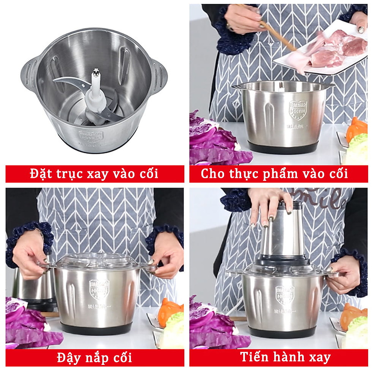 Máy Xay Thịt Cối Inox 304 Loại 4 Lưỡi Đa Năng Công Suất 250W Máy Xay Mini Cầm Tay Siêu Khỏe Dễ Dàng Sử Dụng Dung Tích 2 Lít - Hàng Nhập Khẩu