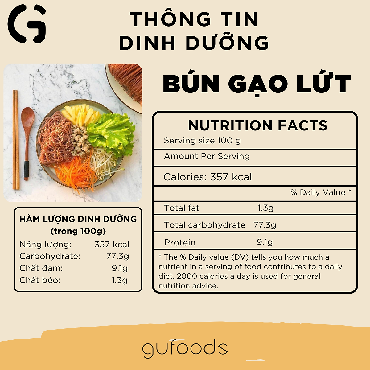 Bún gạo lứt (đen / huyết rồng) GUfoods - Dai ngon, Kết hợp đa dạng món, Eat clean, Thực dưỡng, Thuần chay