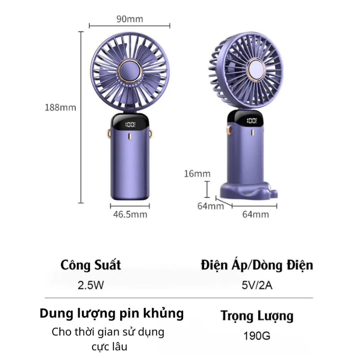 Quạt mini cầm tay TEKKIN pin khủng 10000 mah gấp gọn 5 cấp độ gió linh hoạt - hàng nhập khẩu