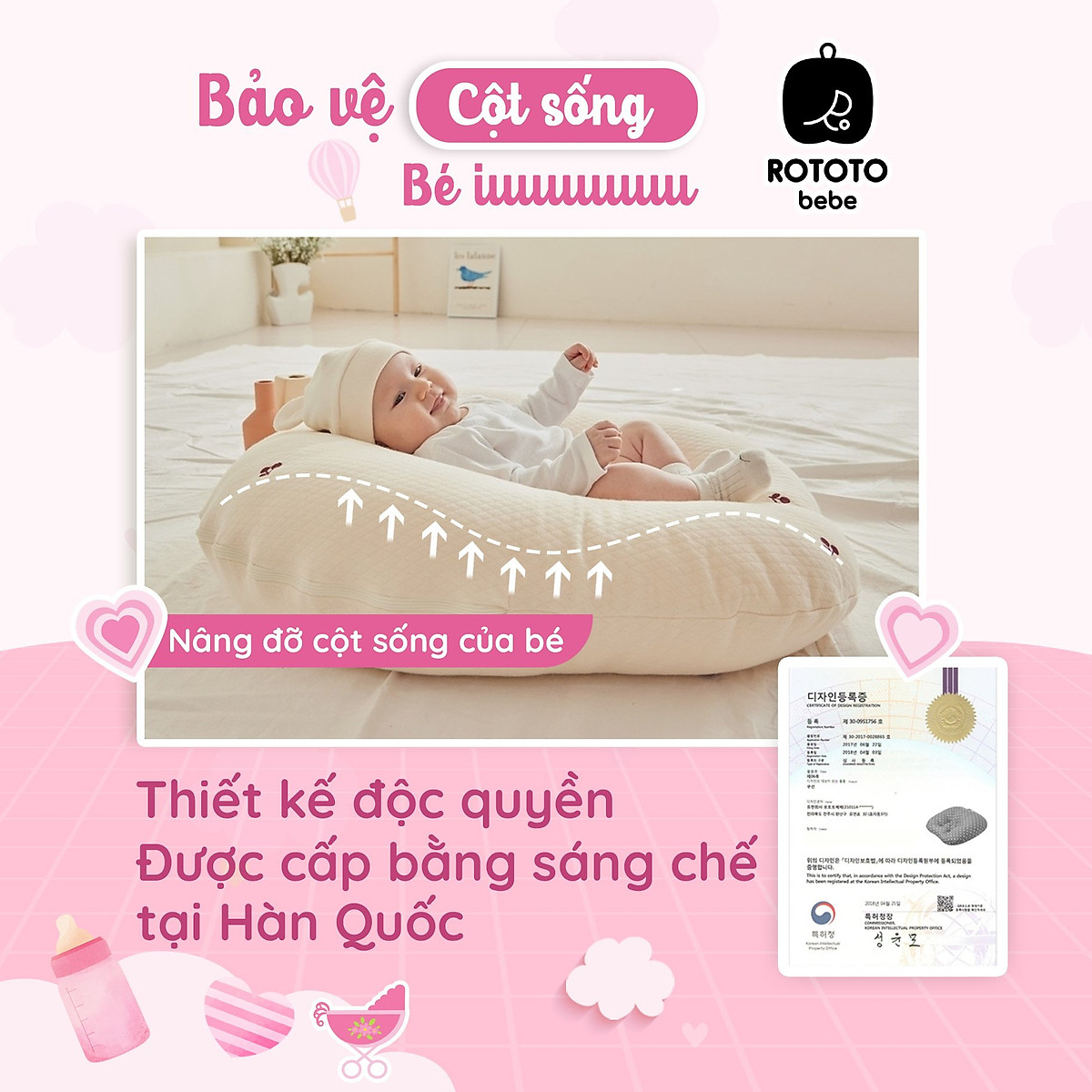 Gối chống trào ngược Rototo bebe chính hãng chất liệu Cotton chần bông