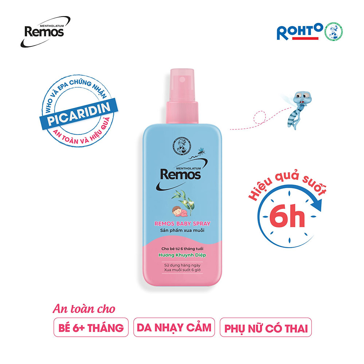 Xịt chống muỗi cho bé từ 6 tháng tuổi hương khuynh diệp Rohto Mentholatum Remos Baby Spray 70ml