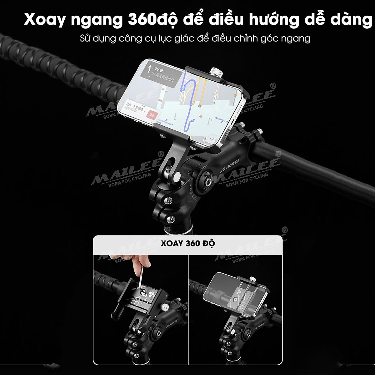 Giá đỡ điện thoại xe đạp, xoay 360 độ BN-2955 gắn nắp bát phốt/ pô tăng, vị trí cổ trụ tiết kiệm không gian, hợp kim nhôm cho xe đạp