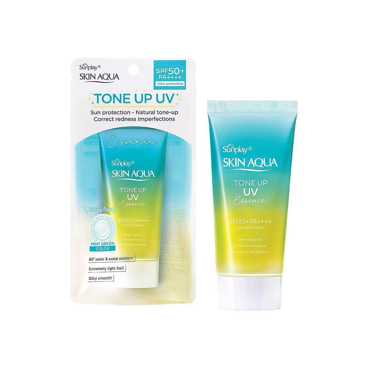 Kem chống nắng nâng tông Skin Aqua Tone up Mint Green cho da trắng có khuyết điểm đỏ, dạng tinh chất Sunplay Skin Aqua Tone Up UV Essence Mint Green SPF 50+ PA++++ 50g