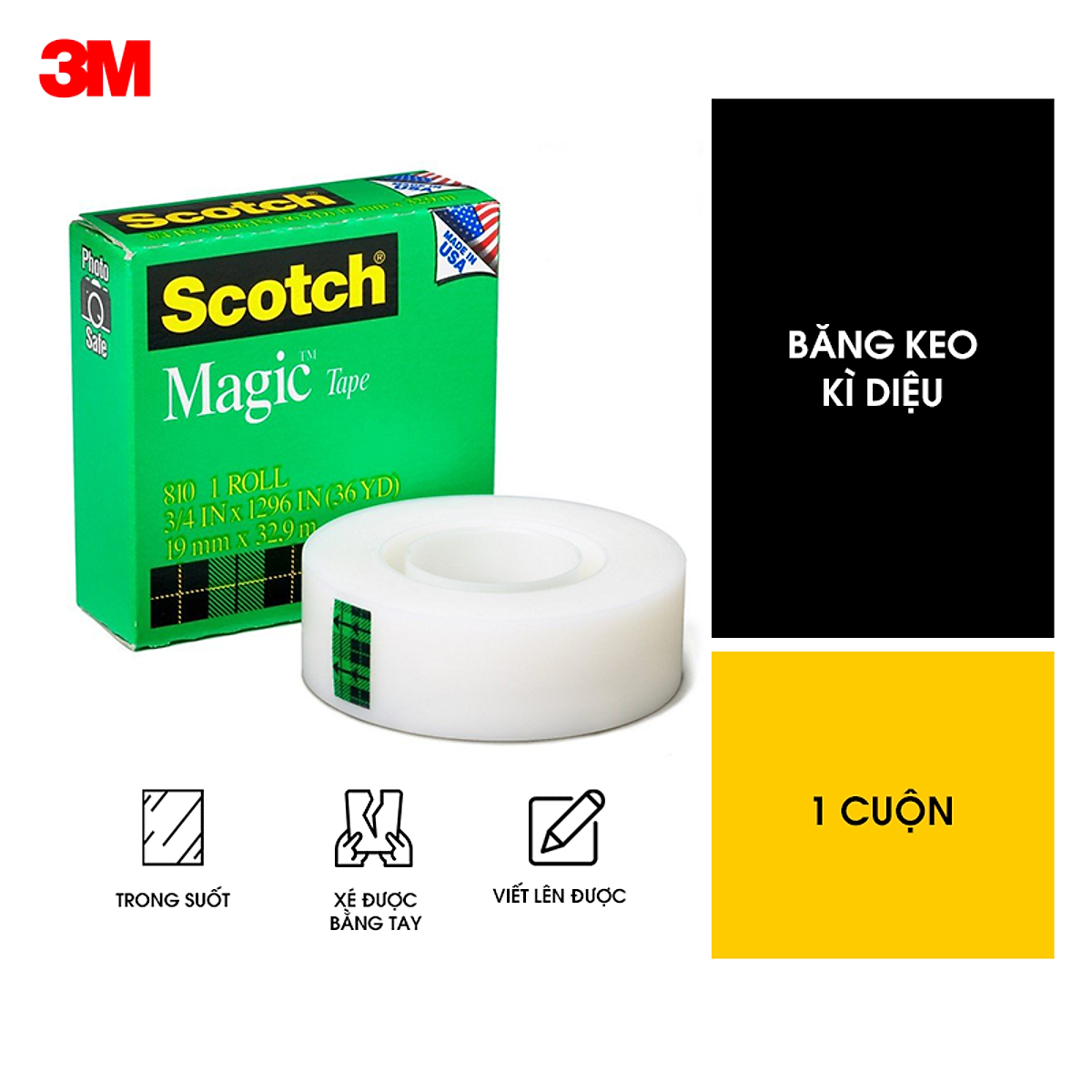 Băng keo kì diệu Magic Tape Scotch 3M 810 19.05mm x 32,9m - Trong suốt, siêu dính, viết lên được, xé được bằng tay