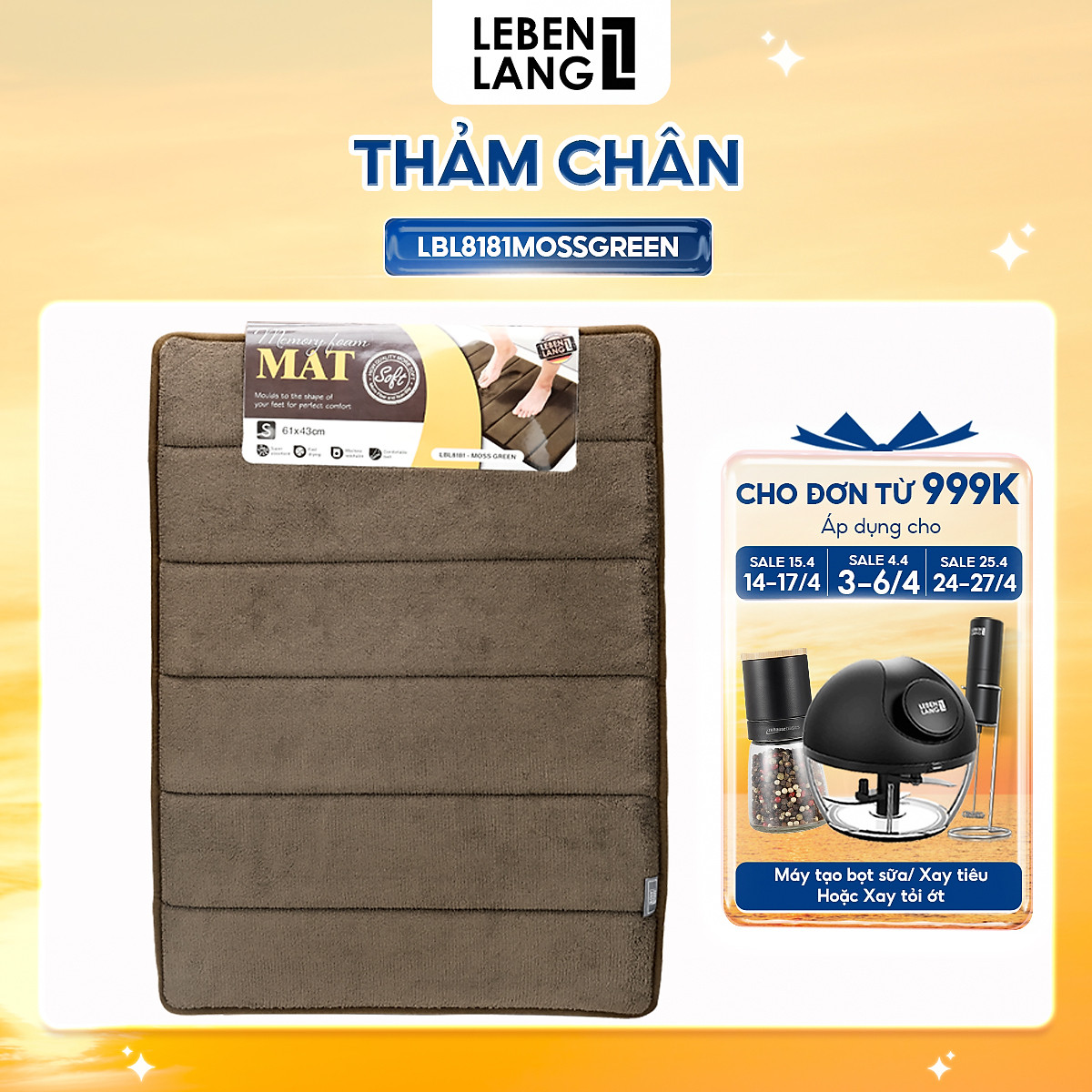 Thảm lau chân Lebenlang LBL8181 thấm hút nước đế cao su chống trơn trượt phòng tắm - hàng chính hãng