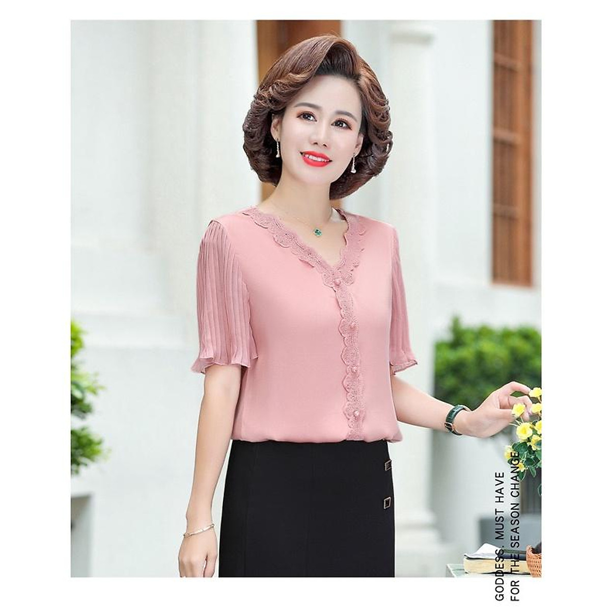 Áo kiểu trung niên tay cánh tiên cổ V - Áo kiểu Áo Kiểu Trung Niên Tay Cánh Tiên Cổ V - Áo Kiểu