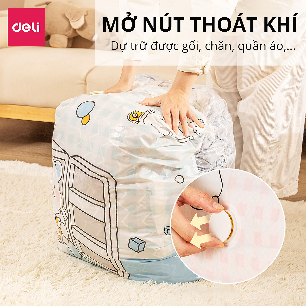 Túi Hút Chân Không Đựng Quần Áo Chăn Ga Gối , Thú Bông Deli - Loại Dày Cao Cấp Bọc Để Chăn Màn 2 Lớp Khóa Zip Chống Rò Rỉ Hơi Bảo Vệ Quần Áo, Chăn Ga Khỏi Ẩm, Nấm Mốc, Chống Nước Tuyệt Đối