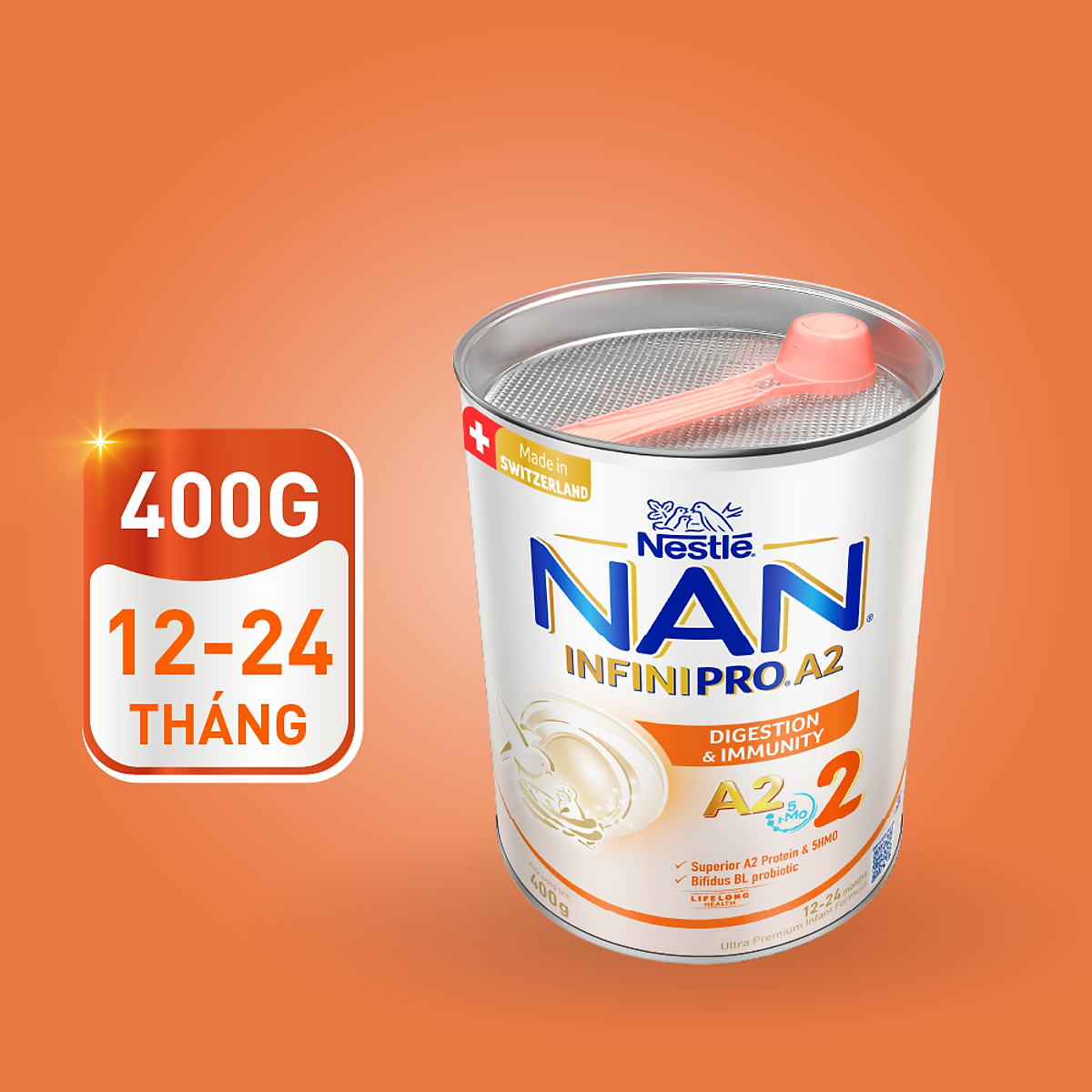 Sữa bột NAN INFINIPRO A2 Thụy Sĩ 2 400g, công thức đầu tiên kết hợp đạm A2 và 5HMO