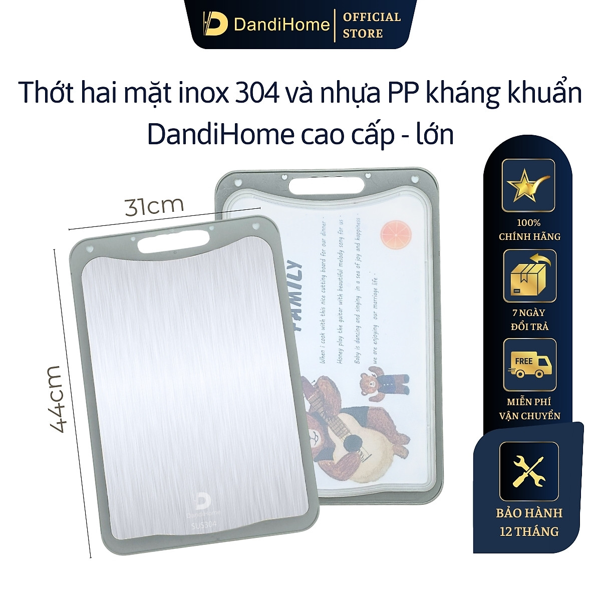 Thớt inox 304 và nhựa kháng khuẩn DandiHome cao cấp hai mặt - Hàng chính hãng
