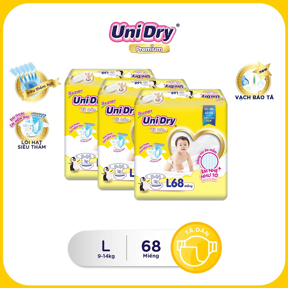 Combo 3 tã dán gói Jumbo UniDry M76-L68-XL62