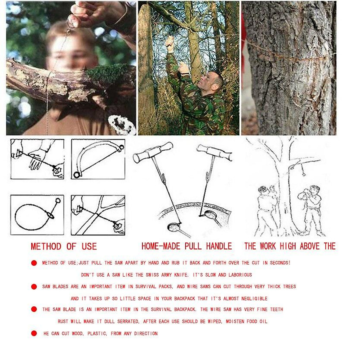 55cm Silver Stainless Steel Wire Saw Emergency Travel Kit Camp Hike