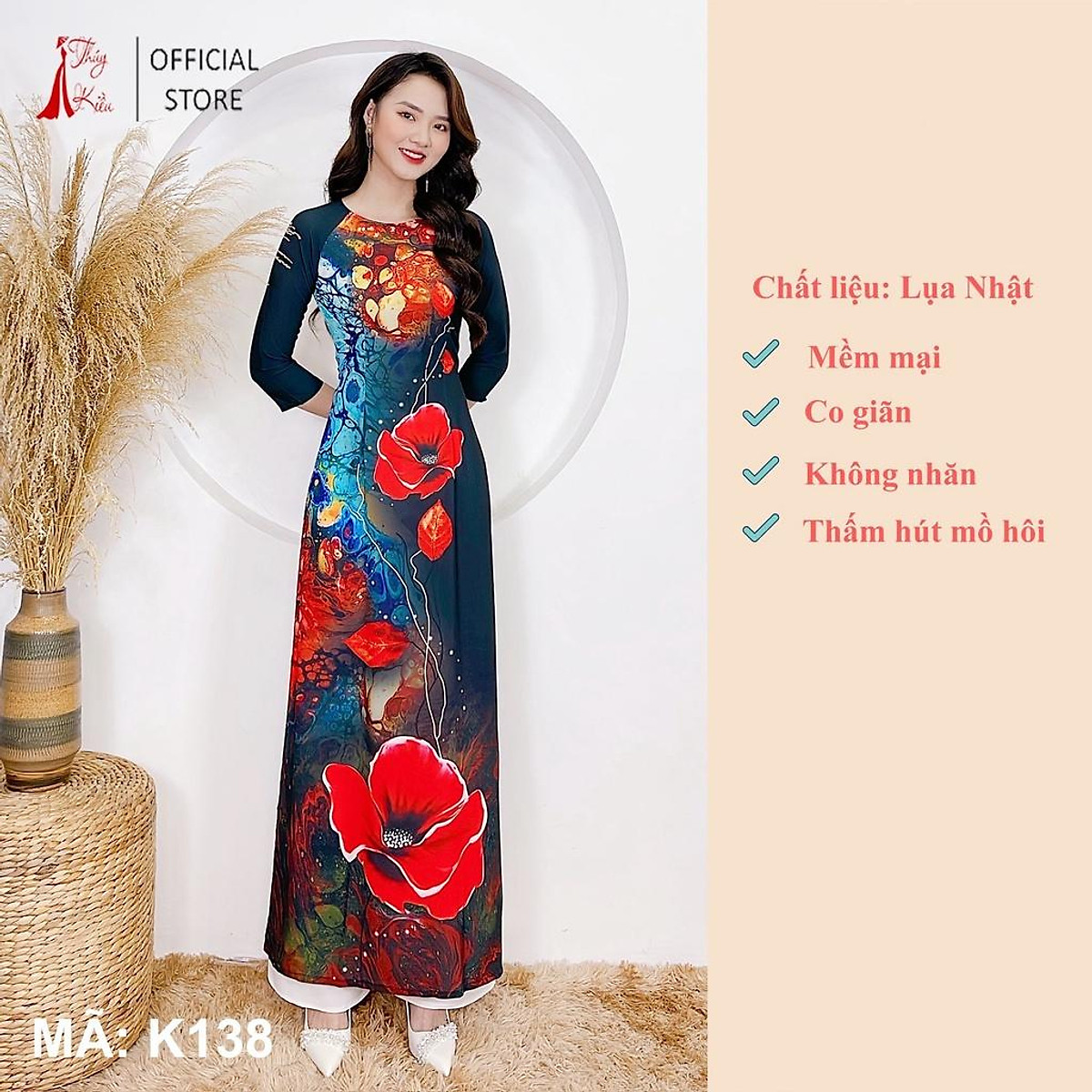 Áo dài nữ may sẵn thiết kế nền hoa đỏ đẹp cách tân tết K138 Thúy
