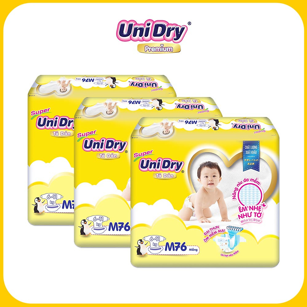 Combo 3 tã dán gói Jumbo UniDry M76-L68-XL62