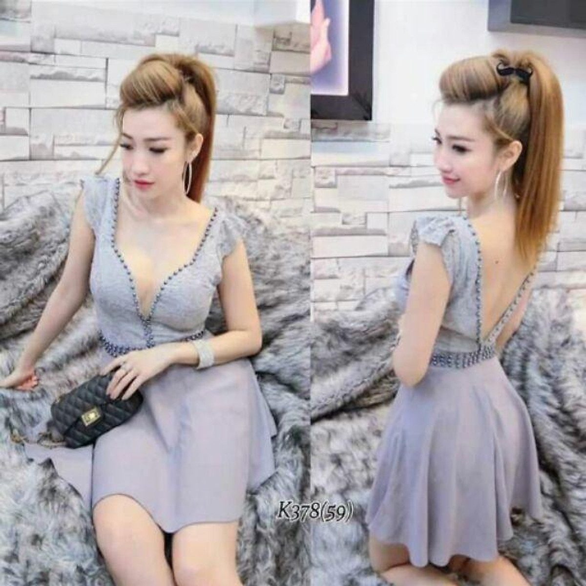 Đầm xòe đính cườm hở lưng