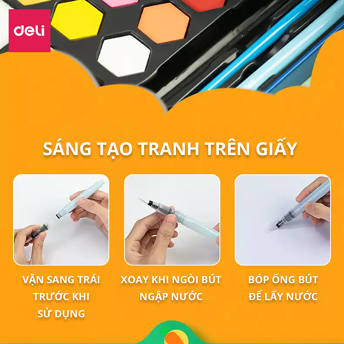 Bộ Màu Nước Nén Water Color Cao Cấp 24 36 48 Màu Tặng Bút Lông Nước, Mút, Cọ, Tẩy, Bút Chì, Gọt, Màu Trắng Deli - Chuyên Dùng Cho Học Sinh, Sinh Viên, Vẽ Mĩ Thuật Chuyên Nghiệp
