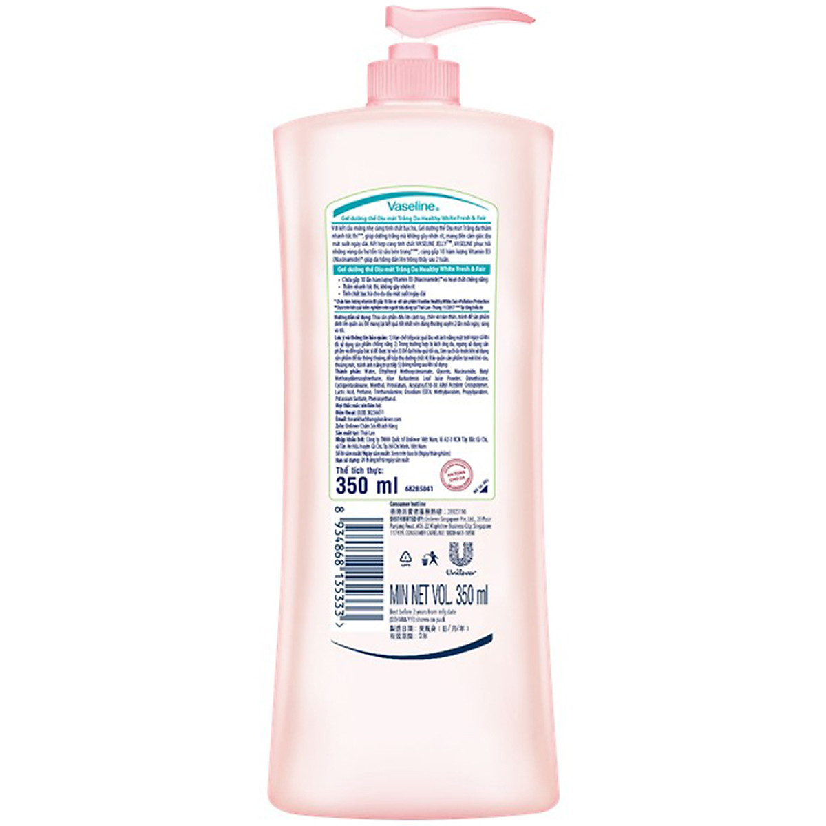 Sữa Dưỡng Thể 350Ml Vaseline Dưỡng Ẩm Sáng Da Fresh & Bright 10X Niacinamide Giúp Da Sáng Khỏe Mịn Căng Tinh Chất Menthol Mát Lạnh Như Tuyết Tan Trên Da