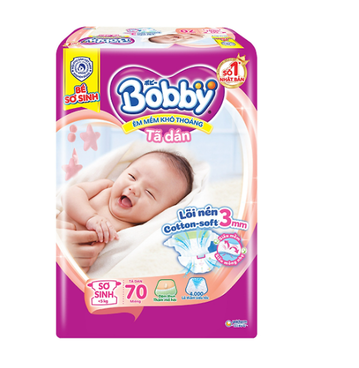 Tã dán Bobby Siêu thấm - khô thoáng size Sơ sinh 70 miếng (XS70)