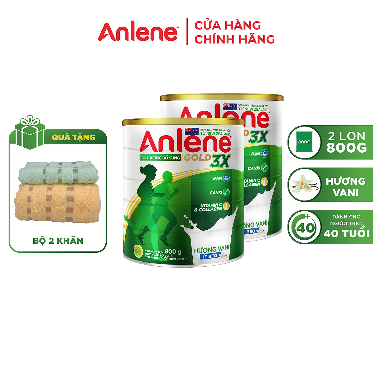Combo 02 Sữa Bột Anlene Gold 3X Hương Vanilla (Hộp thiếc 800g) - Tặng bộ 2 khăn Anlene