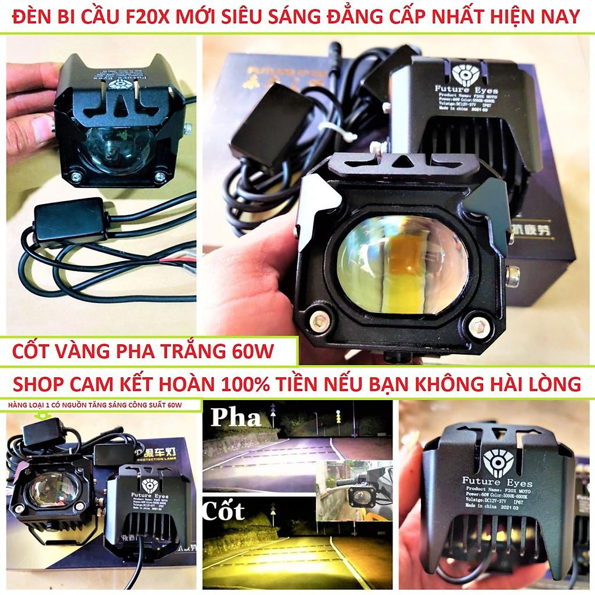 Đèn trợ sáng xe máy ô tô bi cầu F20XP 2 màu cốt vàng pha trắng 60w siêu sáng dành cho khách víp