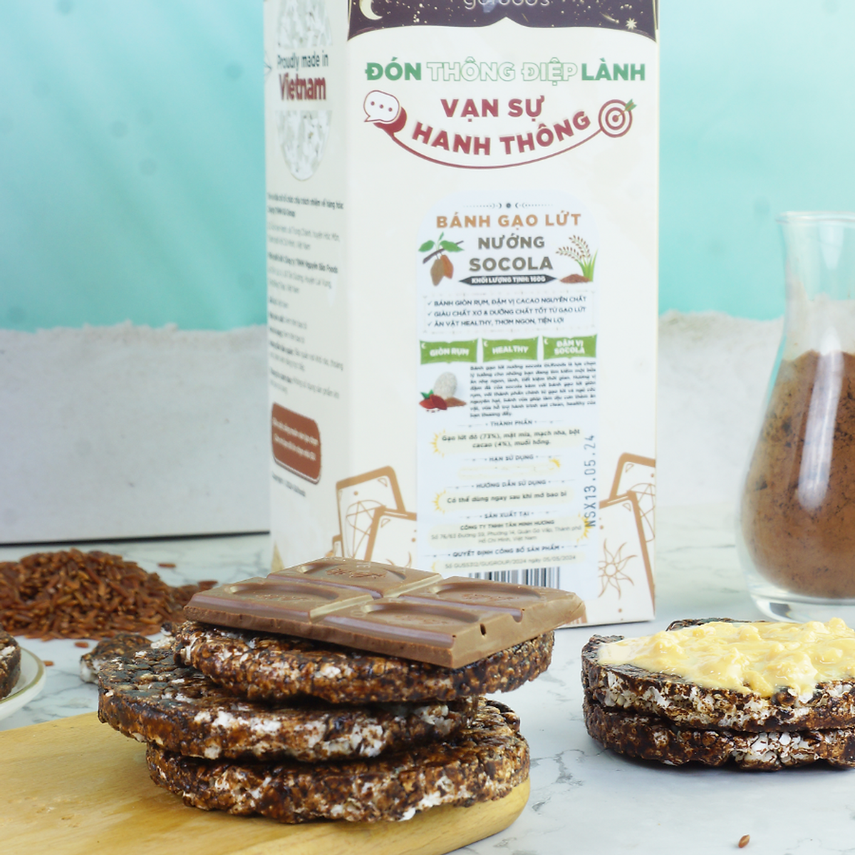 Bánh gạo lứt nướng socola GUfoods - Giòn rụm, Đậm vị socola, Healthy, Eat clean, Ăn vặt lành mạnh