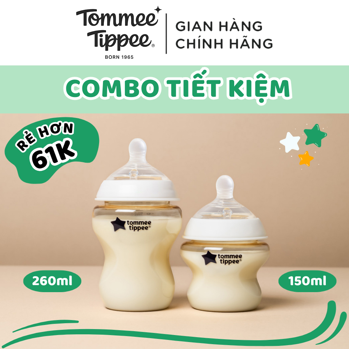 COMBO 2 Bình Sữa PPSU Ty Siêu Mềm Tự Nhiên Tommee Tippee Natural Start 150ml & 260ml
