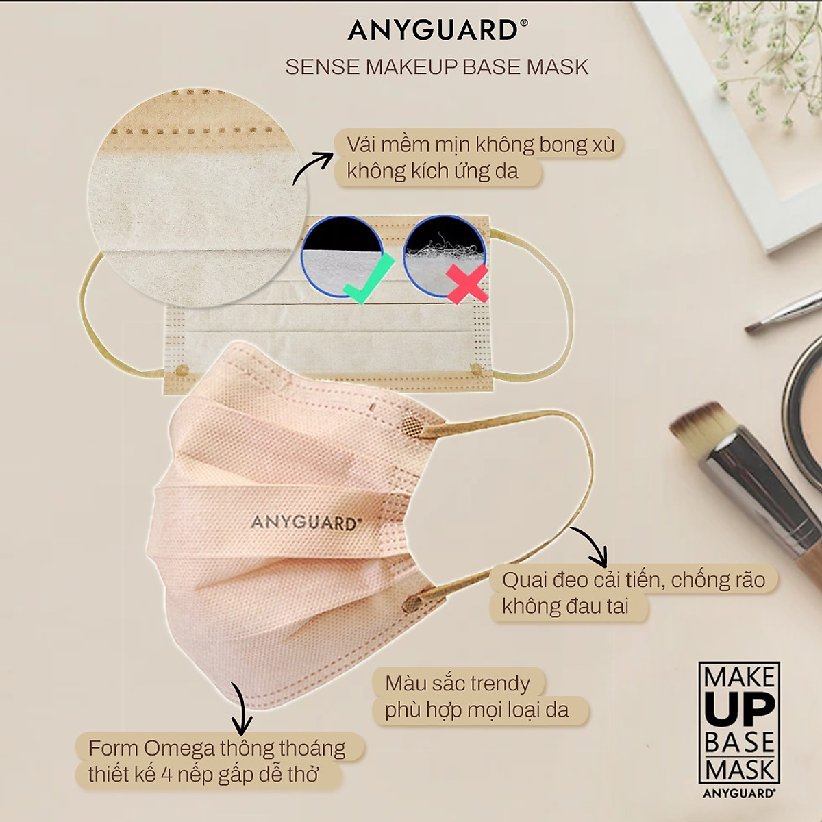 Hộp Khẩu Trang Y Tế ANYGUARD SENSE MAKE UP BASE Lọc 99% Vi Khuẩn, Màu Sắc Trendy, An Toàn Da Nhạy Cảm Dành Cho Người Lớn (Hộp 30 Chiếc/ Màu Kem, Be, Hồng, Hồng Cam Đất)